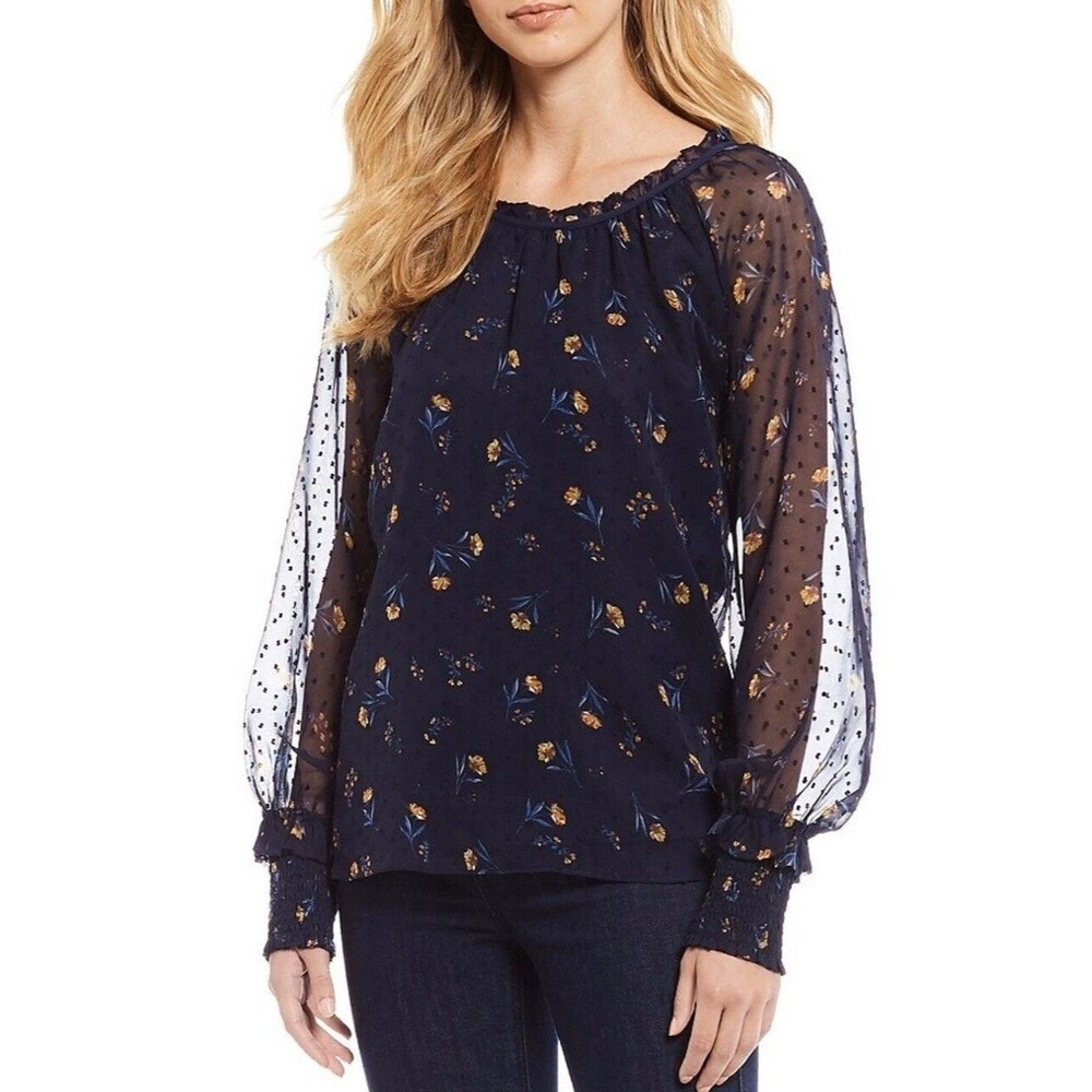 Draper James Floral Print Smocked Puff Chiffon Sleeve Top L